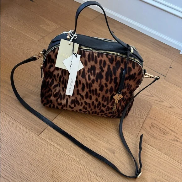 Giorgia Milani Leopard Print Calf Hair & Black Leather Satchel Purse - NWT - Picture 2 of 15